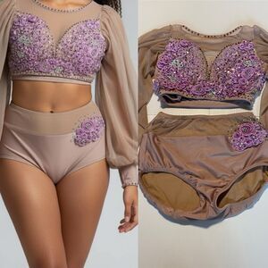 Patrick J designs dance costume solo custom Amara 2 piece  rhinestone Mauve XS